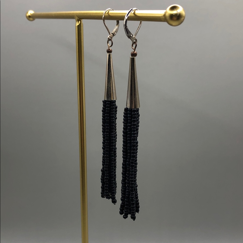 Vintage long beaded cone tassel silver earrings dressy statement style.